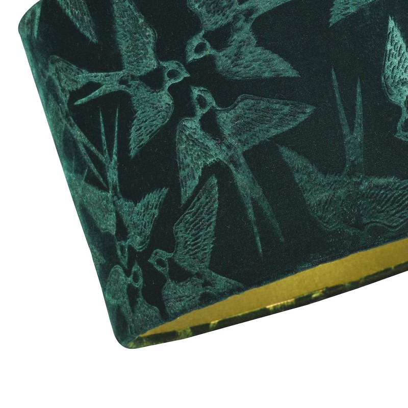 Highlighted Bird Decorated Dark Forest Green Velvet Fabric Lamp Shade