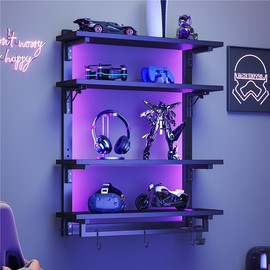 kepptory 24" Foldable Gaming Floating Shelves with LED Lights, 4 Tier Display Rack with Adjustable Shelf, Wall Mounted Shelf with Hanging Rod and 8 S-Hooks for Gaming Room, Black