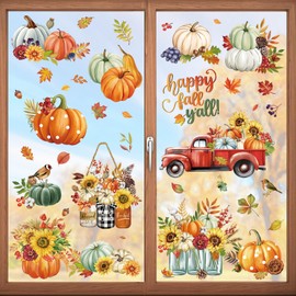 decalmile Happy Fall Pumpkin Window Clings Red Truck Autumn Flower Thanksgiving Double Sided Anti-Collision Window Decals