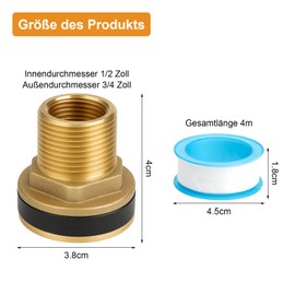 APOMOONS Pack of 2 Water Butt Feed-Through Container Fitting Brass Barrel Fitting 3/4 Inch Male Thread x 1/2 Inch Female Thread for Water Butt Taps Container with Raw Material Band