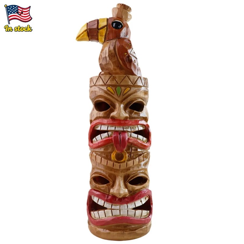 Solar-Powered Toucan Totem Pole Light with Glowing Face Carvings, Tropical-Themed