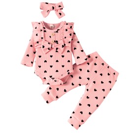 Newborn Baby Girl Clothes Love Hearts Ruffle Long Sleeve Bow Romper+Pants+DIY Headband Fall Winter Outfit Clothing Set (Pink, 0-3 Months)