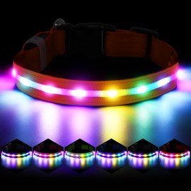 Fiveda Light Up Dog Collar, USB Rechargeable 6 Modes, Waterproof Charging Port, Long Lasting LED Collar - Adjustable Nylon Reflective for Dogs, Sizes S/M/L (7/9/11 Lights) -Orange, M