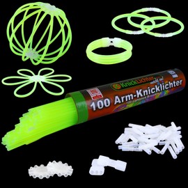 NEON FUN 100 Arm Glow Sticks Green Tested Quality Test Rating 1.4 Very Good 8h 100 Highly Elastic Connectors 2 Triple Connectors 2 Circle Connectors Quantity: 1 Roll