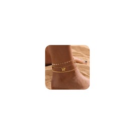 CAROVO Gold Ankle Bracelets for Women 14K Real Gold Plated Layered Anklet Waterproof Set Figaro Butterfly Chain Stackable Anklets Set Beach Jewelry for Women