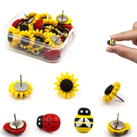 30PCS-Decorative Cute Push Pins for Wall Map Beautifying Sunflower Bee Ladybug Decorative Thumb Tacks for Cork Board, Bulletin & Photo Wall (Nature-Themed Office Supplies)