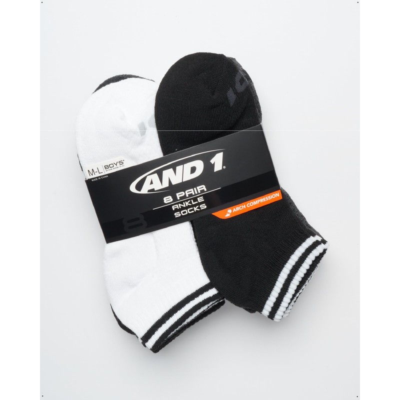 AND1 Boys Quarter Socks - 8 Pack Moisture Wicking Cushioned