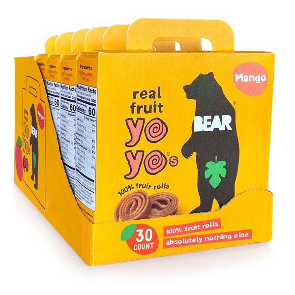 BEAR - Real Fruit Yoyos - Mango - 0.7 Ounce (30 Count) - No added Sugar, All Natural, non GMO, Gluten Free, Vegan - Healthy on-the-go snack for kids & adults