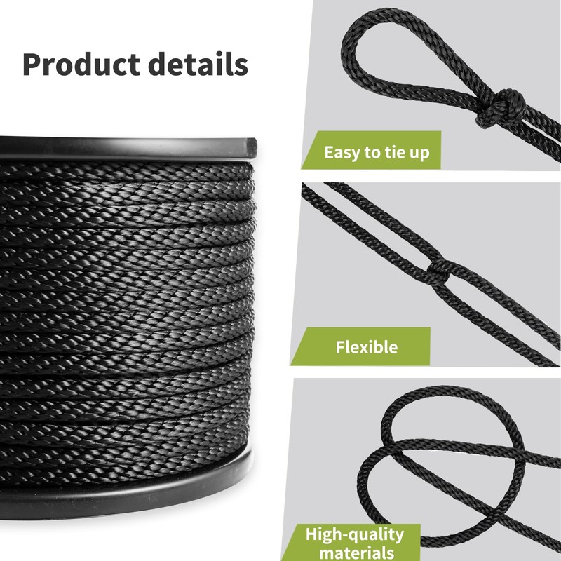 5/16 Inch × 250 FT Black Polyester Solid Braid Rope