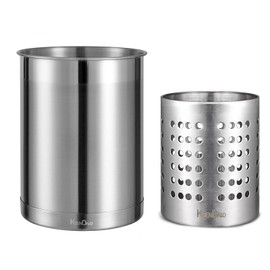 KSENDALO Cooking Utensil Holder, Round Stainless Steel Utensil Holder Silver Caddy & Organizer for Cooking Spoons, Spatulas, and Silverware - Essential Kitchen Container for Countertop