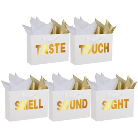 STOBOCTER 5 Senses Gift Bags for Him Her Elegant Gift Bags with Handles and Tissue Paper Five Senses Gifts Wrapping with Word for Wedding Anniversary Party Birthday Graduation(White, 12.6''x8.8''x4'')