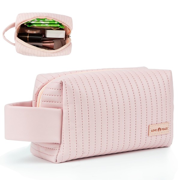 Desing Wish Small Cosmetic Bag Portable Cute Travel Makeup Bag for Women Zipper Pouch Makeup Organiser Bag PU Leather Cute Toiletry Bags, Light Pink-1 Piece