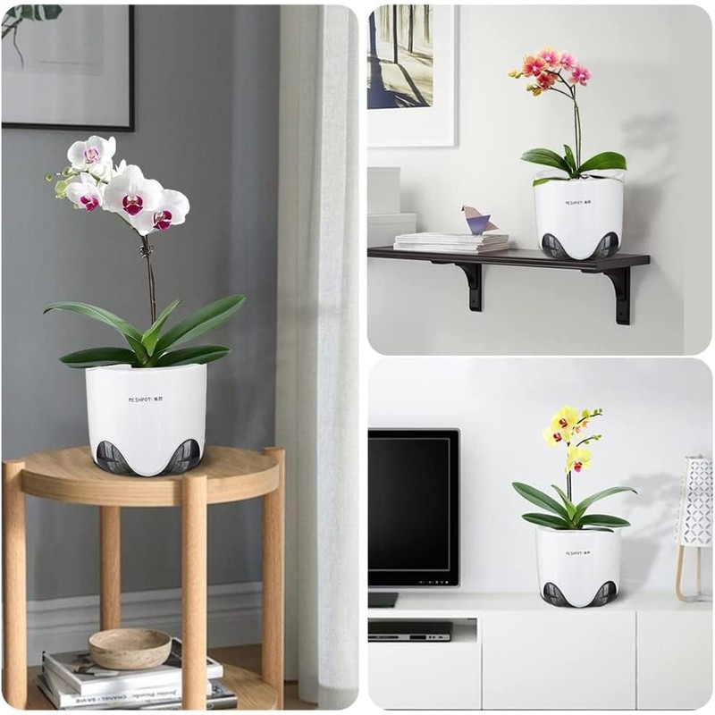 Meshpot Double Layer Plastic Imitate Ceramic Orchid Planter, Set of