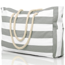 oscaurt Beach Bag Striped Tote Bag Swimming Bag Waterproof Beach Bag Large with Zip Shopper Bag Women's Beach Bag XXL Family Shopping Bag Shoulder Bag Plain Bag Travel Bag, lightgrey, Beach bag