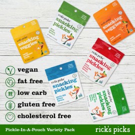 Rick’s Picks Snacking Pickles In A Pouch, New Taster's Variety - 6 Pack On-the-Go Dill Pickles, Spicy Pickles, Carrot Sticks & Cauliflower - Gluten Free, Vegan, Non-GMO, Kosher, 2.2oz per Pack