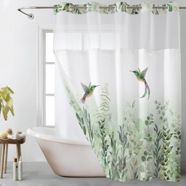 EOBTAIN Sage Green Hookless Shower Curtain with Snap in Liner Rustic Eucalyptus Leaf and Hummingbird No Hook Shower Curtains Cottage Plant Fabric Hotel Bathroom Curtains Decor 71x74 Inch