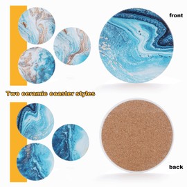 Marble Coasters Set of 6, Absorbent Ceramic Coaster Set with Cork Base and Holder, Sea Ocean Drink Coaster, Non Slip Ceramic Coaster, Round Drink Coasters Set for Home Kitchen Bar Decor