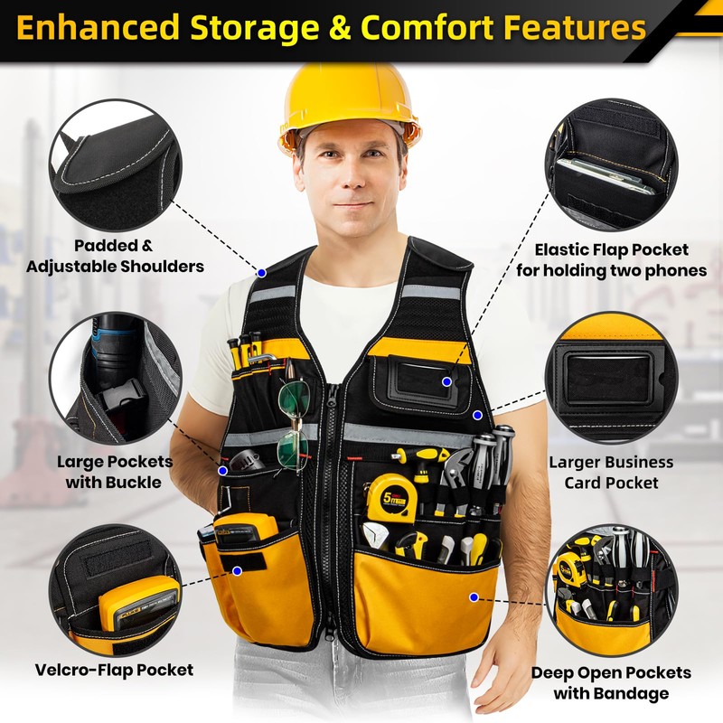 Tool Vest, Electrician Tool Vest for Men, 22 Compartments, Reflective