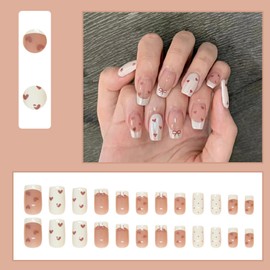 24Pcs French False Nails Tip, Square Press on Nails with Bow Heart Dot Design, Acrylic Full Cover Fake Nail Stick on Nails for Women Girls Valentines Nails Art Manicure (French White)