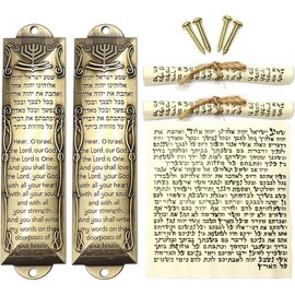 Mezuzah with Scroll for Door, Set of 2 Mezuzah Cases with Scrolls, Metal Mezuzah with English/Hebrew Blessing for Jewish House Warming Gift - Style: (C)2-PACK Antique Gold