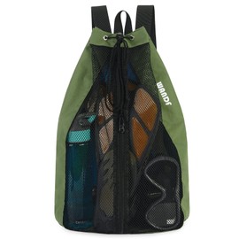 WANDF Swim Bag Mesh Drawstring Backpack Beach Backpack for Swimming, Gym, and Workout Gear(Dark Green)