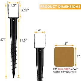 kdgarden Premium No Dig Ground Anchor Black U-Model Screw in Post Stake 27" Long Anchor Fits Full Sized 4"x4" Posts, Great for Mailbox Posts and Fence Posts, 4-Pack