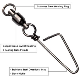 OROOTL Fishing Swivel Snap 100% Copper + Stainless Steel with Black Nickel Plated High Tensile Ball Bearing Snap Lock Strong Welded Ring for Saltwater Fishing