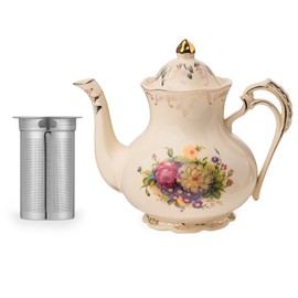 YOLIFE Floral Teapot, 42oz Tea Pot with Removable Staniless Steel Infuser, Blooming and Loose Leaf Teapot, Vintage Ceramic Teapot with Gold Leaf Pattern (Flowering Shrubs)
