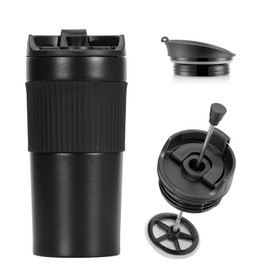 VASA NAMA Termo para Café con Prensa Francesa Integrada, Cafetera de Prensa Francesa,Aislada al Vacio Doble pared Termo de Café Portátil Acero,Inoxidable Taza Termo con Tapa a Prueba de Fugas (Negro)