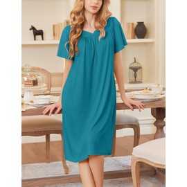 Ekouaer Nightgowns for Women Short Sleeve House Dress with Pockets Soft Moomoo Pleated Mumu Dresses V Neck Sleepwear Blue Green