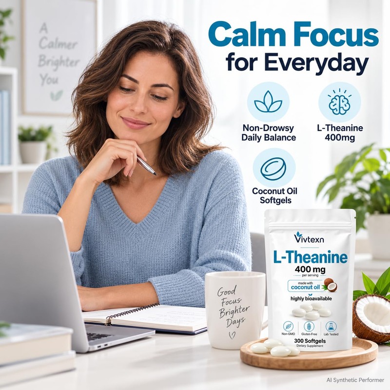 L-Theanine 400mg Supplement, 300 Softgels, L Theanine Softgels for Calm