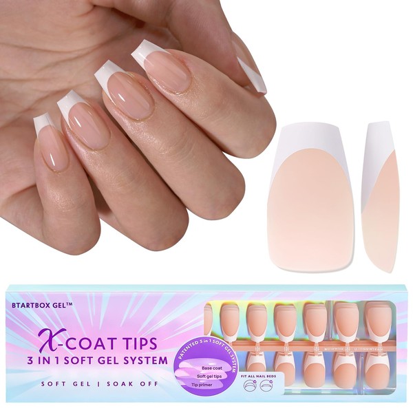 BTArtbox French Press On Nails Short Ballerina Nail Tips, Soft Gel Nail Tips, French X-Coat Tips with Pre-Applied Tip Primer & Base Coat Cover, No Need to File Fake Nails, Beige