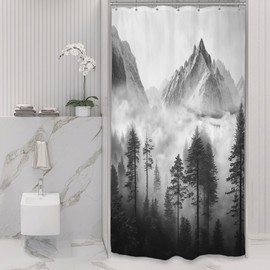 Riyidecor Small Stall Rv Shower Curtain 36Wx72H Inch Half Narrow Foggy Misty Mountain Scenery Smokey Woodland Tree Landscape Black Men Bathroom Decor Fabric Polyester Waterproof 7 Pack Hooks