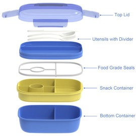 JBGOYON® Blue Bento Lunch Box Set - 3 Stackable Containers for Adults and Kids - Includes Lunch Bag, Leak-Proof and BPA-Free - Built-in Utensil Set and Snack Bag - Dishwasher Safe