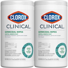 Clorox Clinical Germicidal Wipes Hospital Disinfectant, Non-bleach, 75 Wet Wipes, Pack of 2
