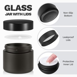 2 oz Glass Jars with Lids, Bumobum 48 pack Black Cream Jars with Black Lids, Black and White Labels & Inner Liners, Empty Cosmetic Containers for Cream, Lotion, Ointment