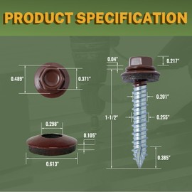 LIONMAX Metal Roofing Screws #14 x 1-1/2 Inch, 300-PCS, Brown Painted Hex Head Sheet Metal Screw with Rubber Washer, Sharp Point, for Roofing and Siding, Hex Socket Included