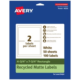 Avery EcoFriendly Matte White Recycled Rectangle Labels, 4.75" x 7.75", Print-to-The-Edge, Matte White Labels, Permanent Adhesive, Laser/Inkjet Printable, 100 Total