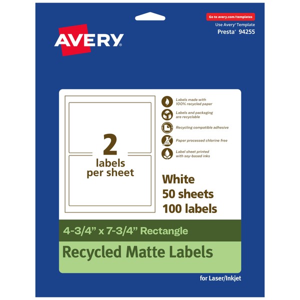 Avery EcoFriendly Matte White Recycled Rectangle Labels, 4.75" x 7.75",