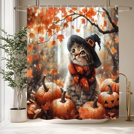 Fall Cat Shower Curtain Autumn Orange Yellow Maple Leaves Pumpkin Thanksgiving Harvest Happy Funny Wild Animal Farmhouse Rustic Forest Decorative Curtain Polyester Fabric