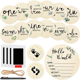 Cinnvoice Baby Announcement Sign, Round Baby Nursery Name Signs Monthly Baby Milestone Monthly Milestone Wood Discs Hello World Newborn Sign for Photo Prop(Plant)