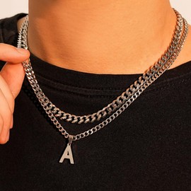 Initial A-Z Letter Necklace for Men Layered Stainless Steel Cuban Chain Choker Letter Pendant Necklace Jewelry Gift for Men H