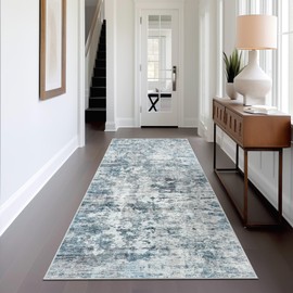 Soalmost Washable Runner Rug, 2.5'x8' Rug Runner Non-Slip Kitchen Runner Rug Vintage Foldable Hallway Runner Rug for Entryway, Laundry, Bedroom, Blue