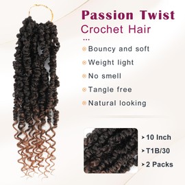 Passion Twist Crochet Hair, Passion Twist Hair 10 Inch, 2 Packs Pretwisted Passion Twist Hair,Short Passion Twist Crochet Braids,Pre Looped Crochet Hair for Black Women(1B/30)