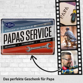 LANOLU Retro Blechschild PAPAS SERVICE - Schild Werkstatt Papa - Geburtstagsgeschenk, Vatertagsgeschenk Schild für Vater, lustige retro Deko mit Spruch - vintage Metallschild, 20x30 cm