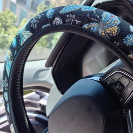 YUNXNYC Butterfly Floral Steering Wheel Cover Non-Slip Breathable Elastic Car Steering Wheel Covers Chic Car Accessories for Women & Men Black (Butterfly)