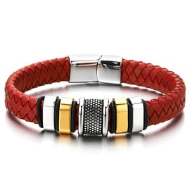 COOLSTEELANDBEYOND Men's Red Leather Bracelet Braided Leather Sweatband with Stainless Steel Charm and Clasp, Leather, Non-applicable