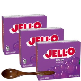 Instant Gelatin Dessert Mix - 3 oz Boxes (Pack of 3) - With Candy Freezer Wooden Spoon (Grape) - Wooden Spoon