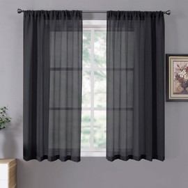 Tollpiz - Cortina corta transparente para sala de estar, cortinas texturizadas de lino con filtro de luz, cortina de gasa con bolsillo para barra para recámara, 38 x 54 pulgadas de largo, color negro,
