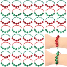 Liliful 40 Pcs Christmas Bell Bracelets Bulk Red and Green Holiday Adjustable Bracelets for Kids Adults Stocking Stuffers Goodie Bag Fillers Xmas Party